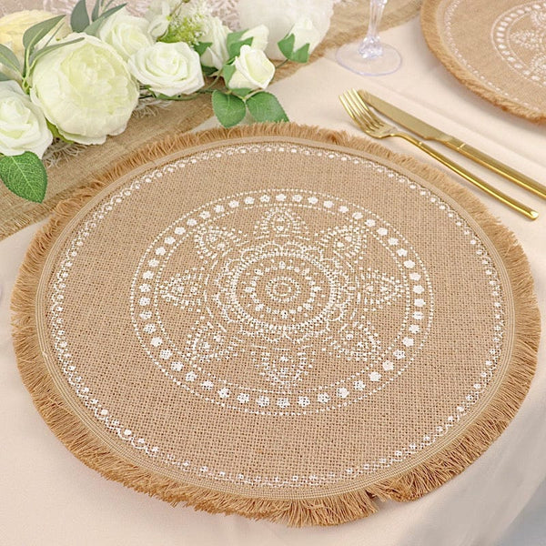 4 Natural 15 in Round Burlap Jute Placemats with White Prints and Fringe Tassel Trim