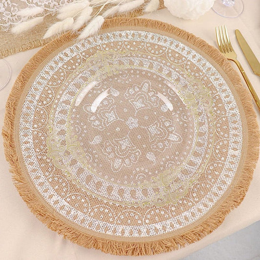 4 Natural 15 in Round Woven Burlap Jute Placemats with White Print and Fringe Trim