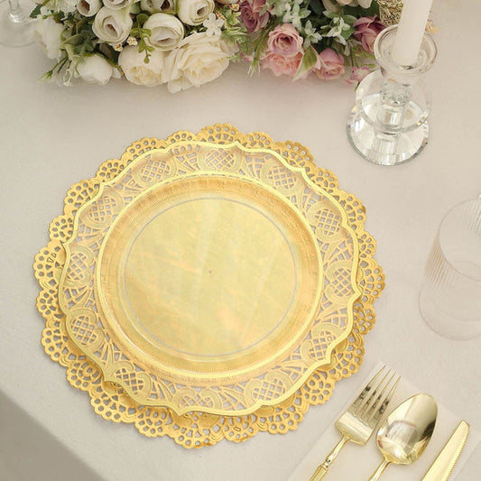 50 Gold Round Disposable Paper Doilies Placemats with Lace Trim