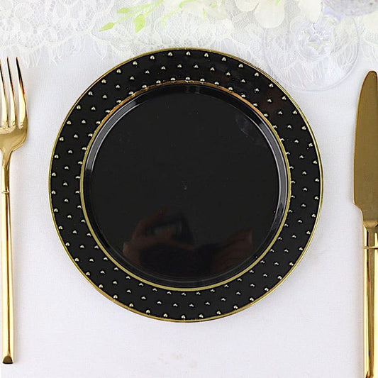 10 Black Round Disposable Salad and Dinner Plastic Plates with Gold 3D Dots Trim