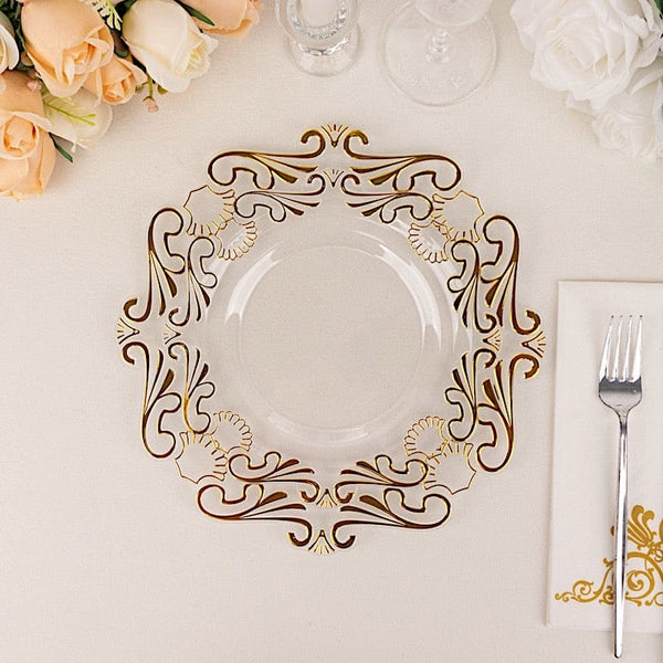10 Clear Round Disposable Salad Dinner Plastic Plates with Gold Baroque Design