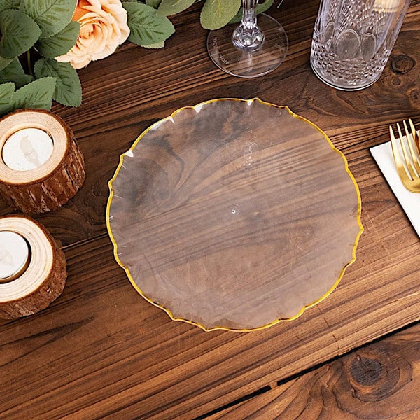 10 Clear Disposable Plastic Salad Dinner Plates with Gold Scalloped Rim