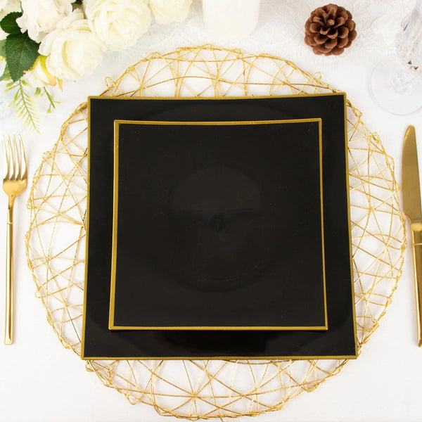 10 Concave Square Disposable Salad and Dinner Plastic Plates with Gold Trim