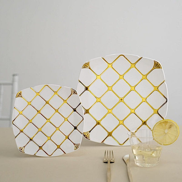 10 Disposable White Plastic Plates with Gold Geometric Design