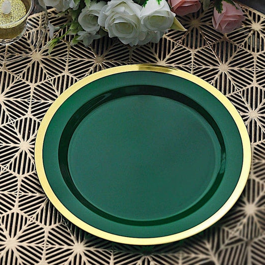 10 Disposable Round Plastic Dessert Plates with Gold Rim