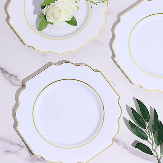 10 pcs 8 in Disposable Baroque Plastic Dessert Plates with Gold Rim