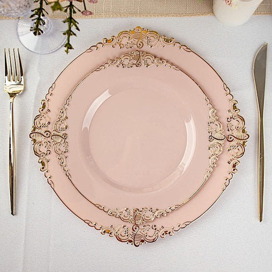 10 Round Disposable Plastic Salad Dinner Plates with Embossed Baroque Trim