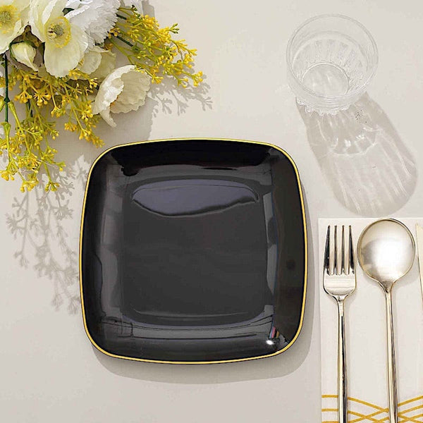 10 Square Disposable Salad and Dinner Plastic Plates with Gold Trim