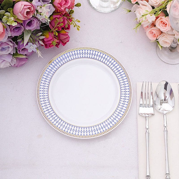 10 Round White Disposable Salad Dinner Plastic Plates with Navy Blue Chord Trim