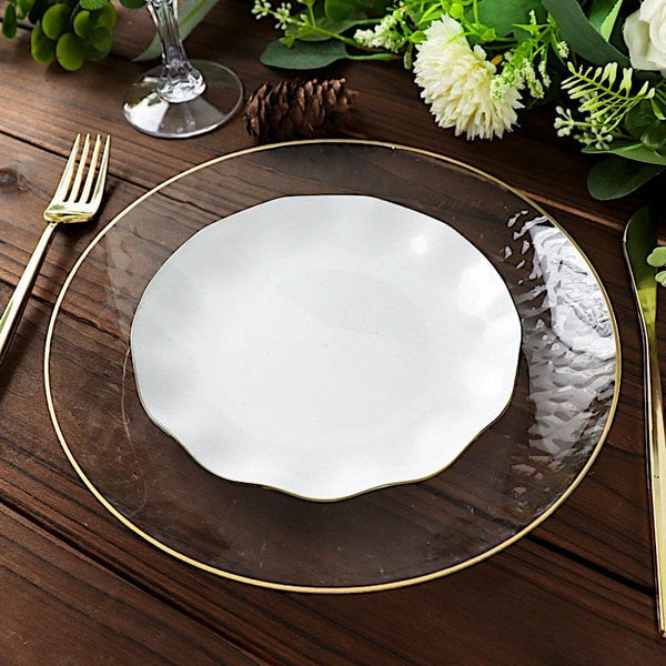 10 Round Disposable Salad Dinner Plastic Plates with Gold Wavy Trim