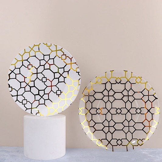 20 Round Disposable Salad and Dinner Plastic Plates with Gold Geometric Design