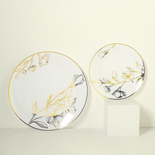 20 Round Disposable Salad and Dinner Plastic Plates with Gold Floral Design