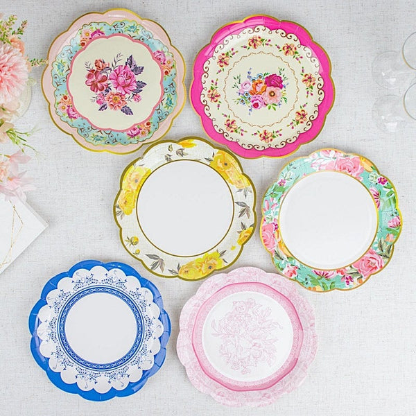 24 Round 9 in Assorted Floral Disposable Paper Plates with Scalloped Trim