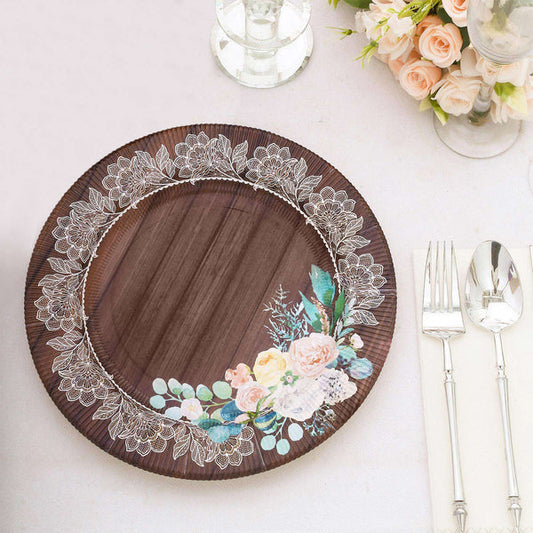 25 Brown 8 in Wood Print Disposable Dessert Paper Plates with Floral Lace Trim