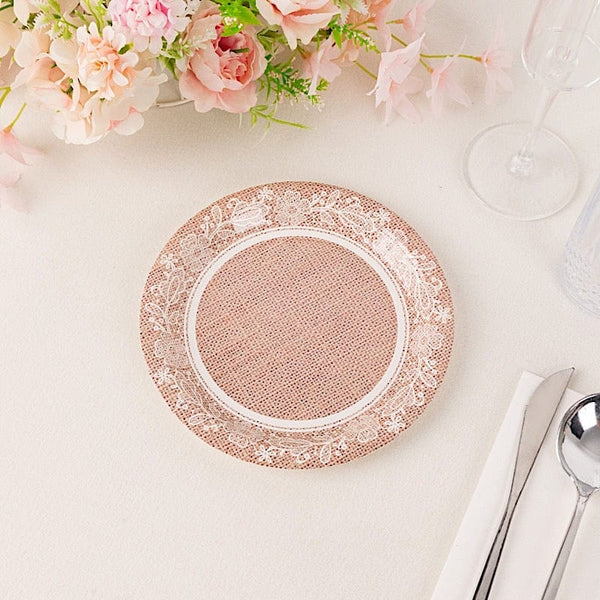 25 Natural Burlap Print with White Floral Lace Trim Disposable Salad Dinner Paper Plates