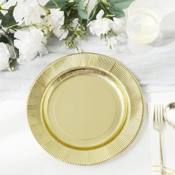 25 Round Metallic Disposable Dinner Salad Paper Plates with Textured Trim
