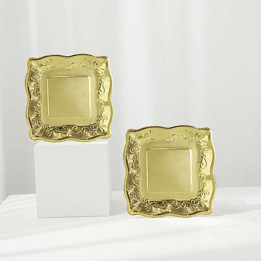 25 Square Disposable Dinner Dessert Paper Plates with Embossed Scroll Trim