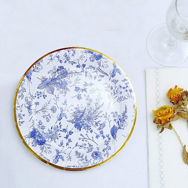 25 White Round Disposable Paper Plates with Blue Floral Design