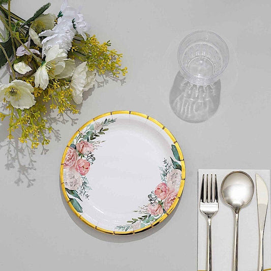 25 White Round Disposable Paper Plates with Floral Design and Gold Trim