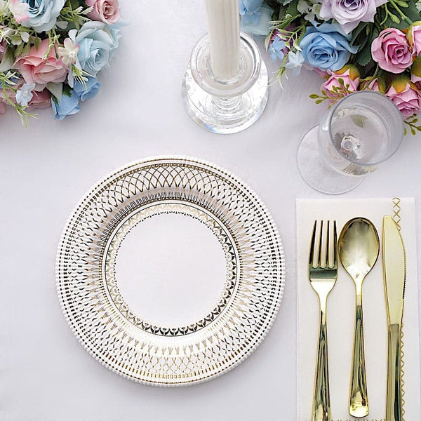 25 White Round Disposable Paper Plates with Gold Porcelain Design
