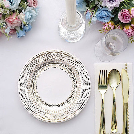 25 White Round Disposable Paper Plates with Gold Porcelain Design