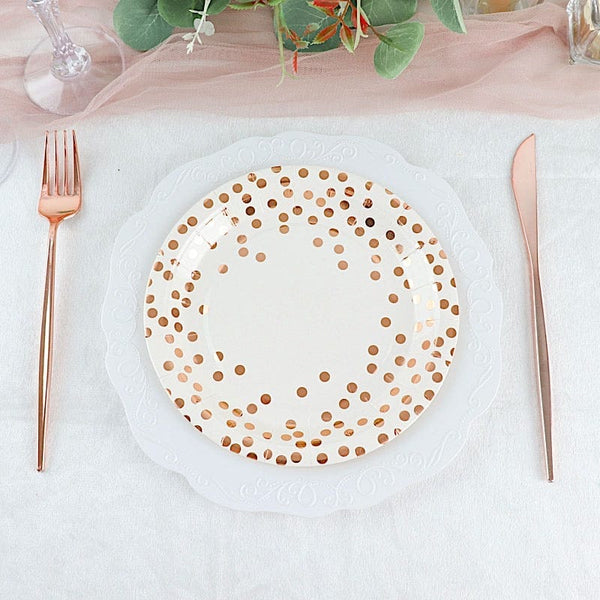 25 White Round Disposable Paper Plates with Rose Gold Polka Dots