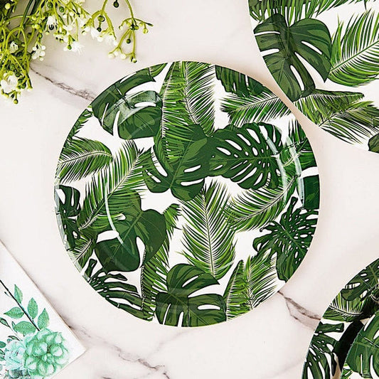 25 White Round Disposable Paper Salad Plates with Tropical Leaves Design