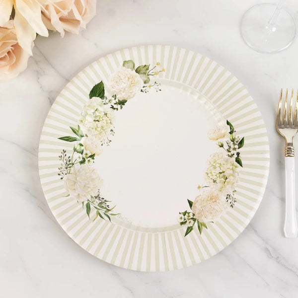 25 White Sage Green Dinner Paper Plates with Floral Lined Rim