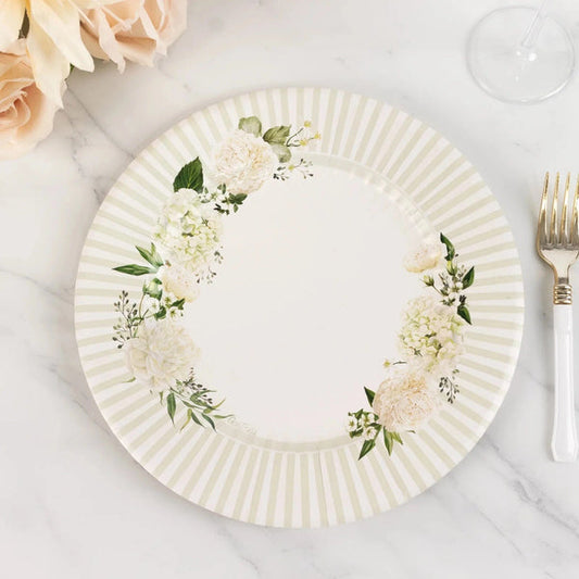 25 White Sage Green Dinner Paper Plates with Floral Lined Rim