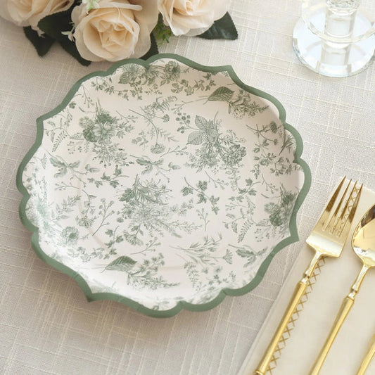 25 White Disposable Paper Plates with Sage Green Floral Leaves Print and Scalloped Rim