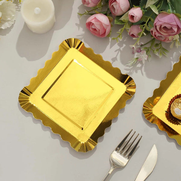 50 Gold 5" Square Disposable Dessert Paper Plates with Scalloped Trim