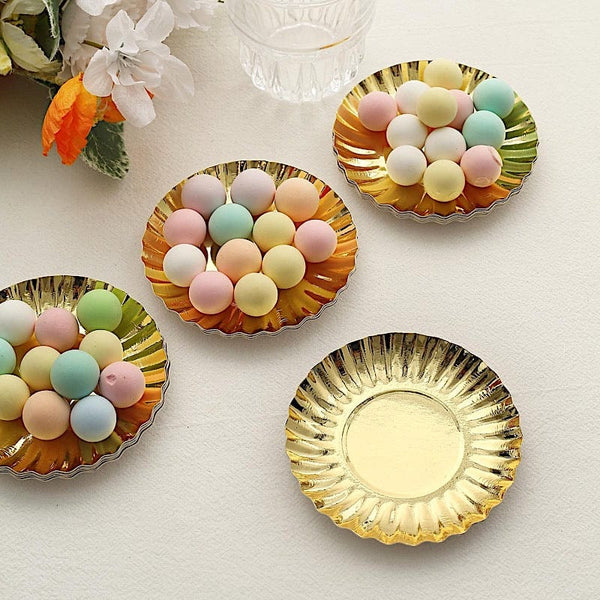 50 Metallic Round Disposable Mini Dessert Paper Plates with Scalloped Trim