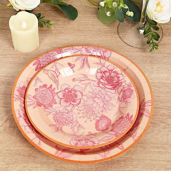 50 Paper Round Dusty Rose Spring Floral Print Dessert and Dinner Plates with Gold Rim