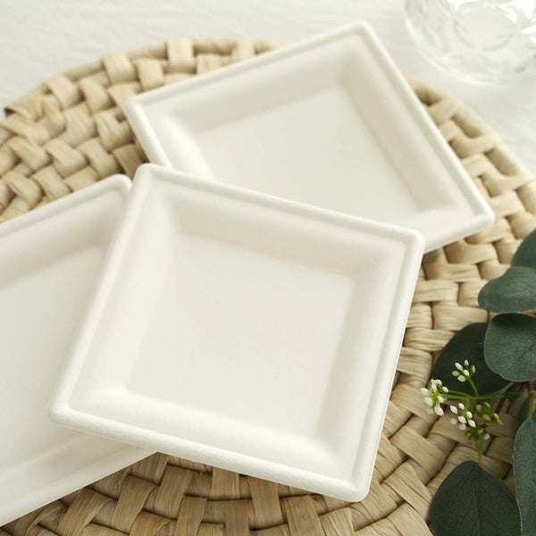 50 White Square Sustainable Bagasse Disposable Salad Dinner Plates