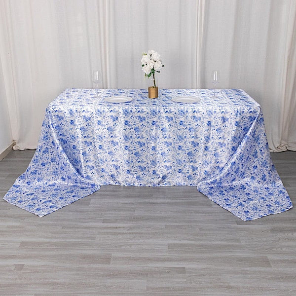 90x156 in White Satin Rectangle Tablecloth with Blue Floral Print