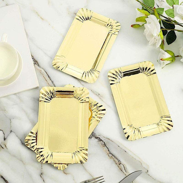 10 Gold Rectangular Mini Paper Serving Trays with Scalloped Design