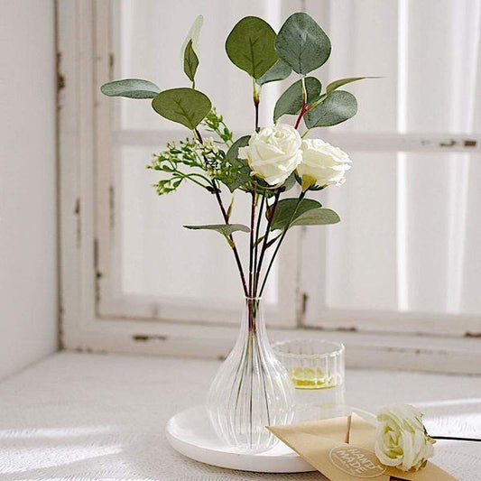 15 in tall Green Artificial Eucalyptus Leaves Stems and Ivory Silk Roses Bouquet
