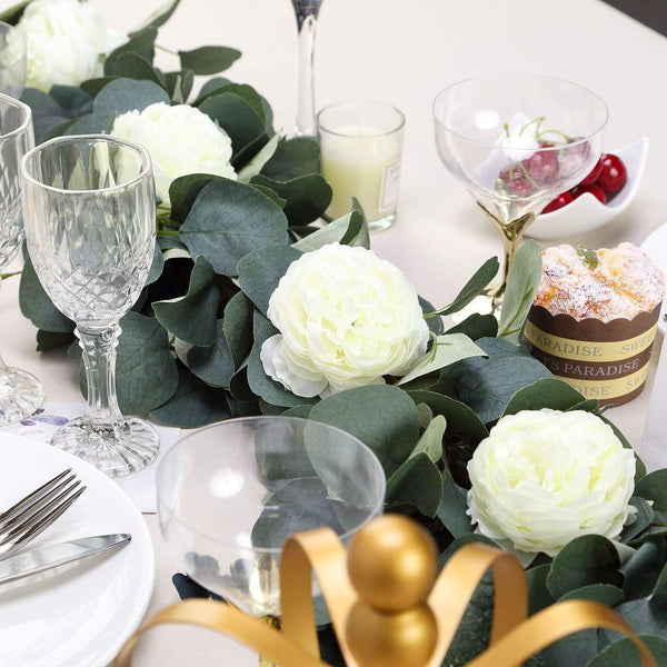 48" long Frosted Green Artificial Eucalyptus Leaves with Silk Ranunculus Flowers Vine Garland
