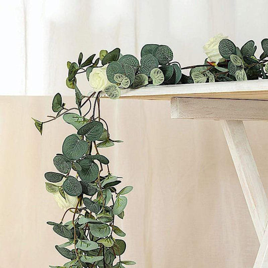 6 ft long Frosted Green Artificial Eucalyptus Leaves with Ivory Roses Flowers Vine Garland