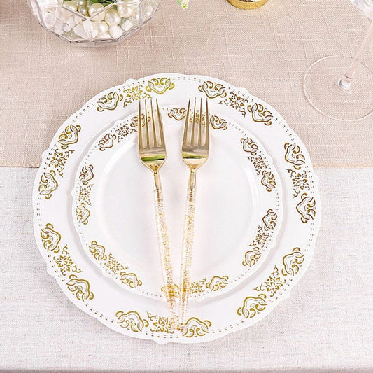 24 Clear Disposable Plastic Forks with Gold Glittered Handle