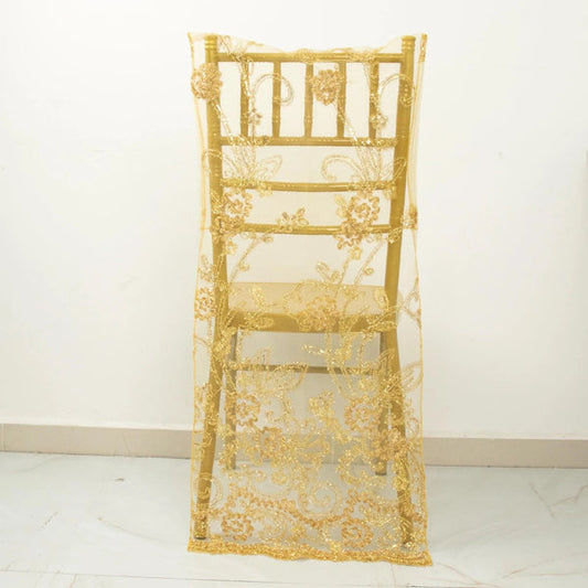 Floral Sequin Embroidered Organza Chiavari Dining Chair Back Slipcover