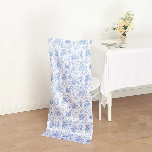 White Satin Chiavari Dining Chair Back Slipcover with Blue Floral Print