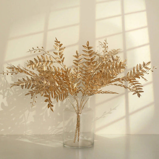 2 Gold 21 in Artificial Fern Leaves Branches Metallic Faux Greenery Stems