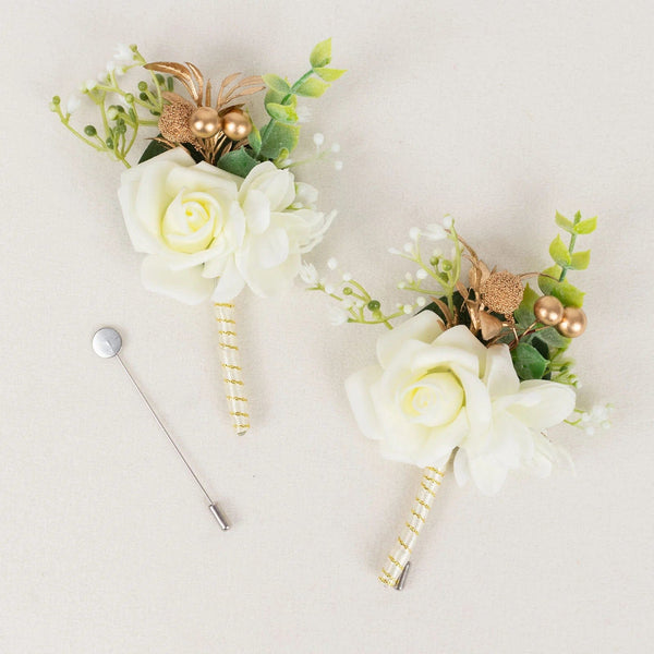 2 White 5" Silk Rose BoutonniereS with Pin