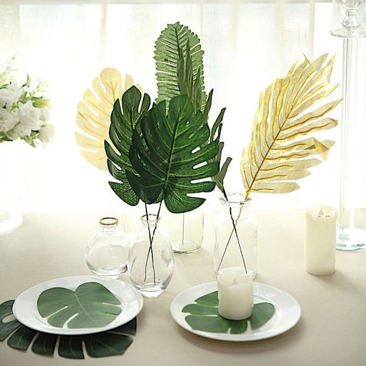 28 Green and Gold Assorted Silk Leaves Artificial Palm and Tropical Monstera Stems
