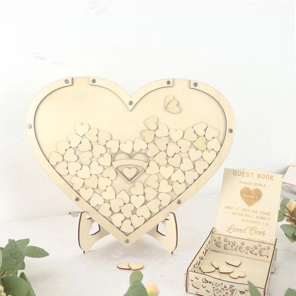 Natural 13 in Wooden Heart Drop Top Frame Wedding Guest Book Sign Set
