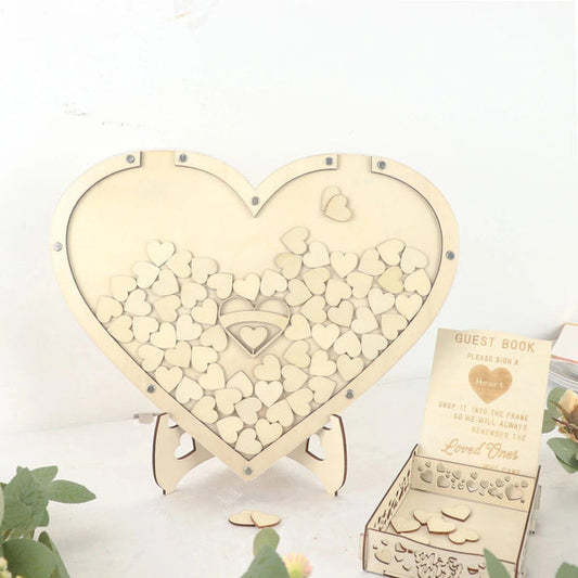 Natural 13 in Wooden Heart Drop Top Frame Wedding Guest Book Sign Set
