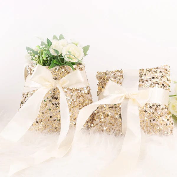 Champagne Velvet Flower Girl Basket and Ring Bearer Pillow with Gold Sequins