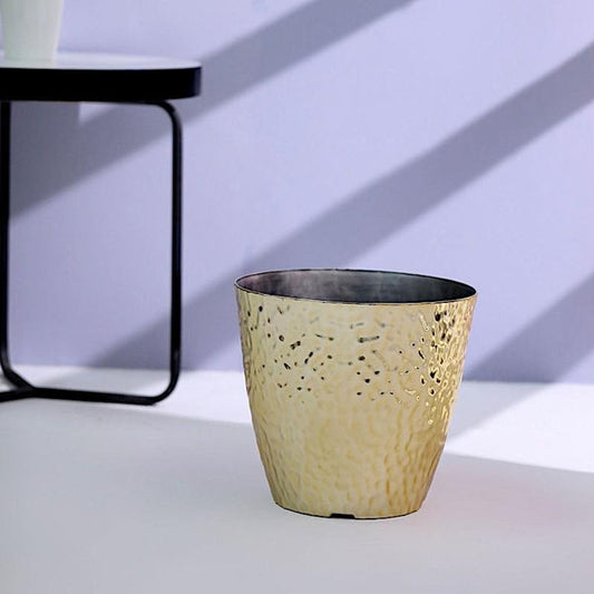 11 in tall Round Plastic Flower Plant Pot with Metallic Hammered Design