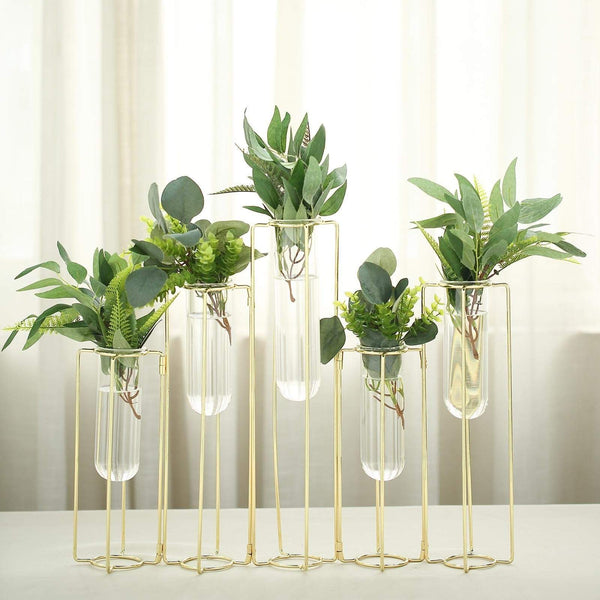 14 in long 5 Gold Jointed Geometric Flower Vase Holders with Glass Test Tubes